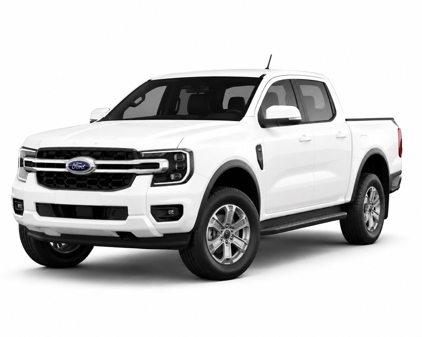 White Ford pickup truck, shown from the front‑right three-quarter angle, highlighting the grille and headlights; clear background.
