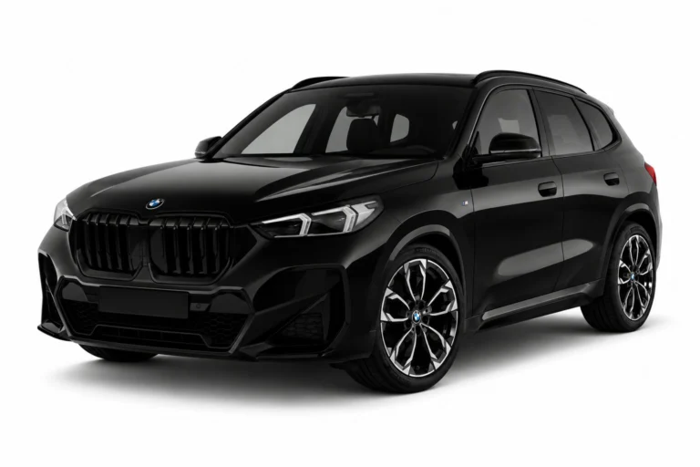Black BMW SUV in a front-right 3/4 view, showing bold kidney grille and sporty alloy wheels.