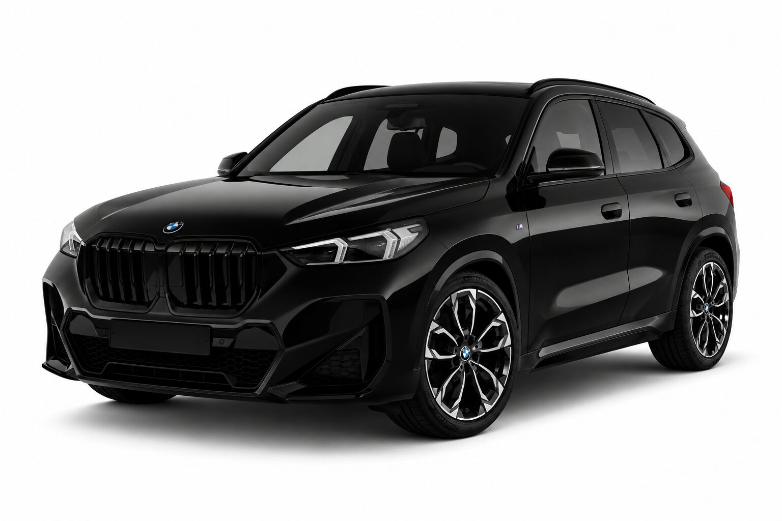 Black BMW SUV in a front-right 3/4 view, showing bold kidney grille and sporty alloy wheels.