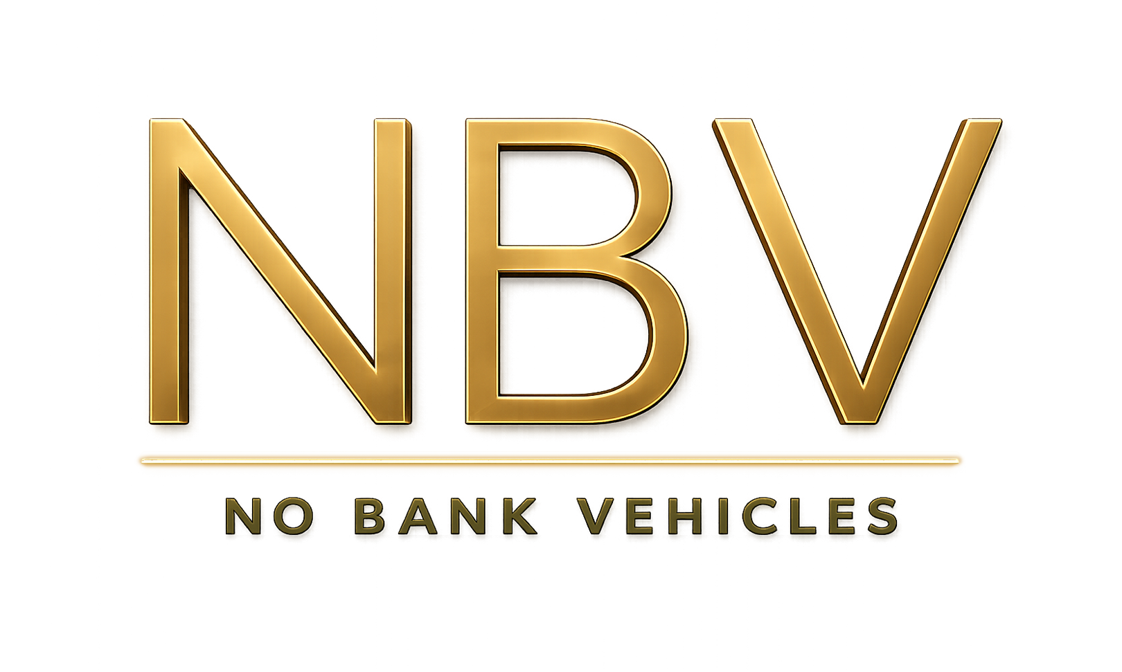 Gold 3D NBV logo with a horizontal underline and the text "NO BANK VEHICLES" beneath it