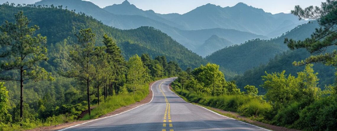 Winding mountain road through a green forest with distant blue ridges under a clear sky.