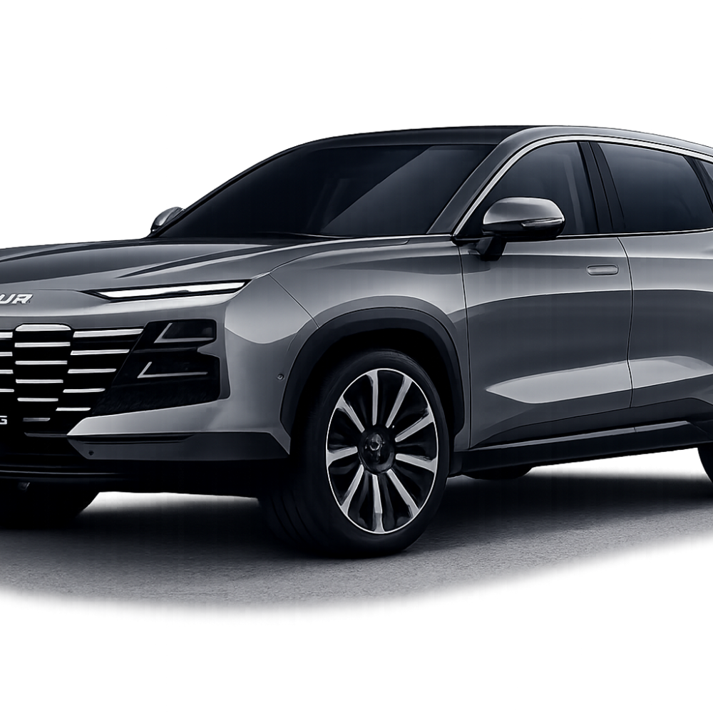 Three-quarter front view of a silver SUV with a bold horizontal grille and large alloy wheels, set against a gray studio backdrop.