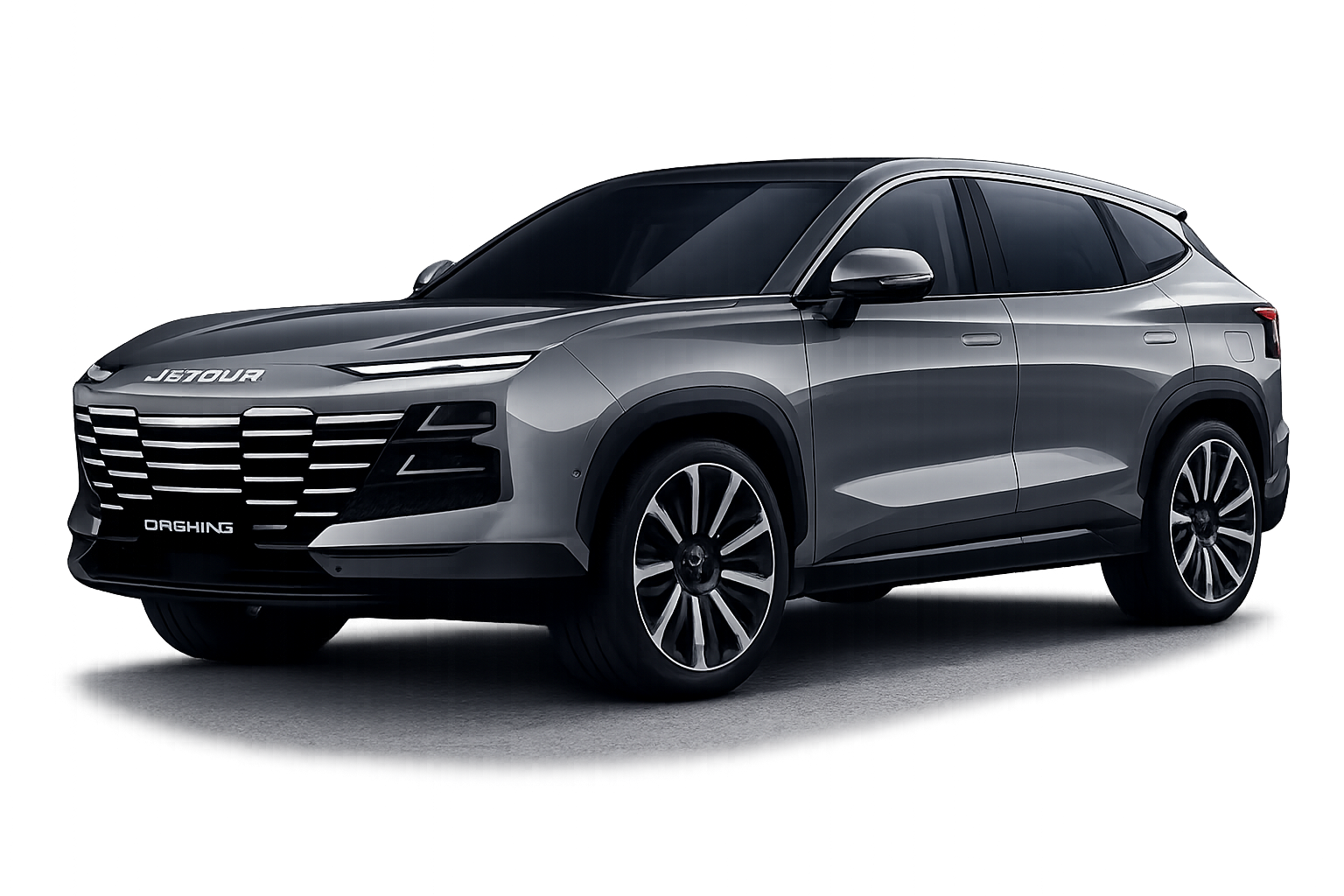 Three-quarter front view of a silver SUV with a bold horizontal grille and large alloy wheels, set against a gray studio backdrop.