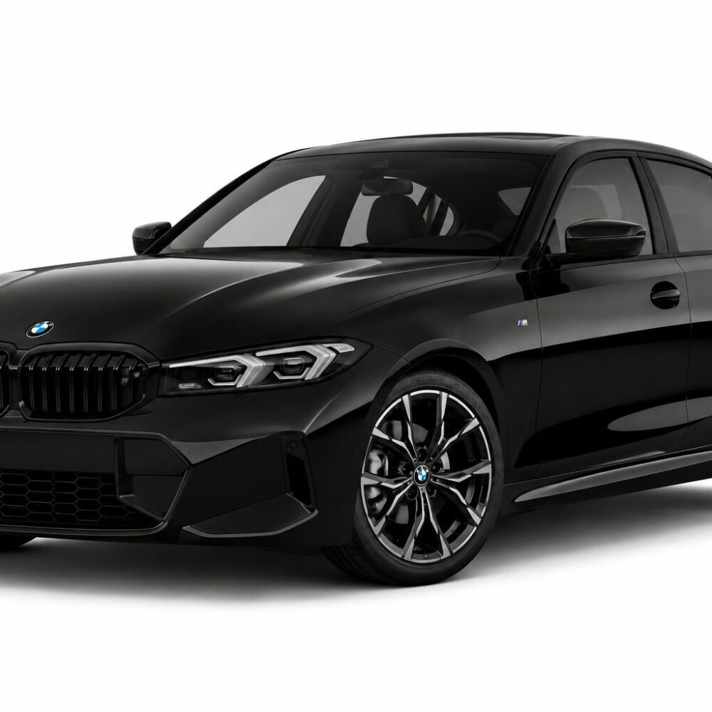 Black BMW sedan (M badge) shown in a three-quarter front view with glossy finish and large alloy wheels, on white background.