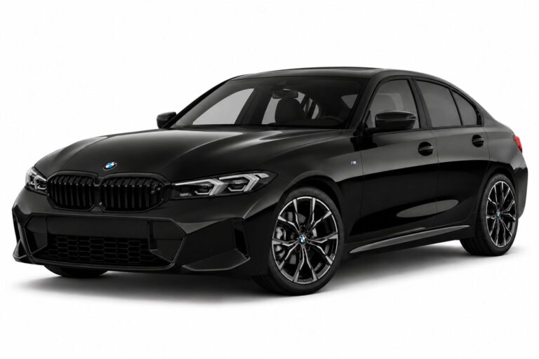 Black BMW sedan (M badge) shown in a three-quarter front view with glossy finish and large alloy wheels, on white background.