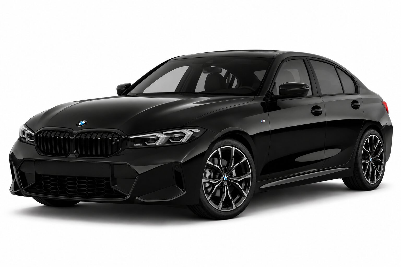 Black BMW sedan (M badge) shown in a three-quarter front view with glossy finish and large alloy wheels, on white background.