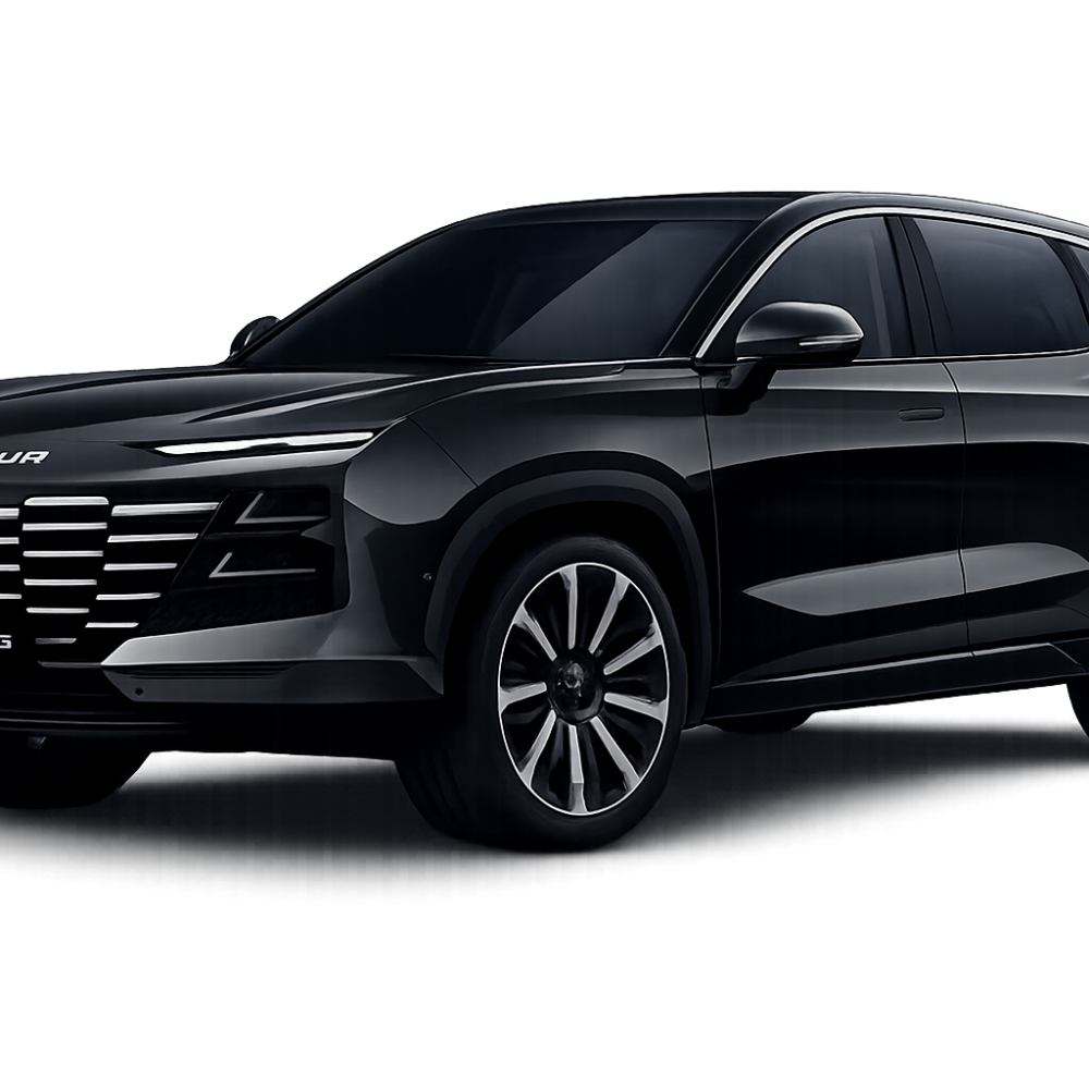 Black SUV in a front-three-quarter view with a bold chrome grille and glossy dark finish, studio backdrop