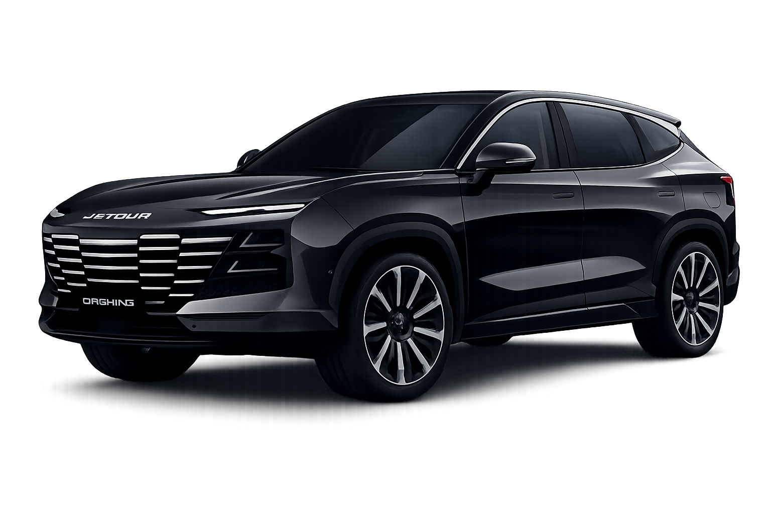 Black SUV in a front-three-quarter view with a bold chrome grille and glossy dark finish, studio backdrop