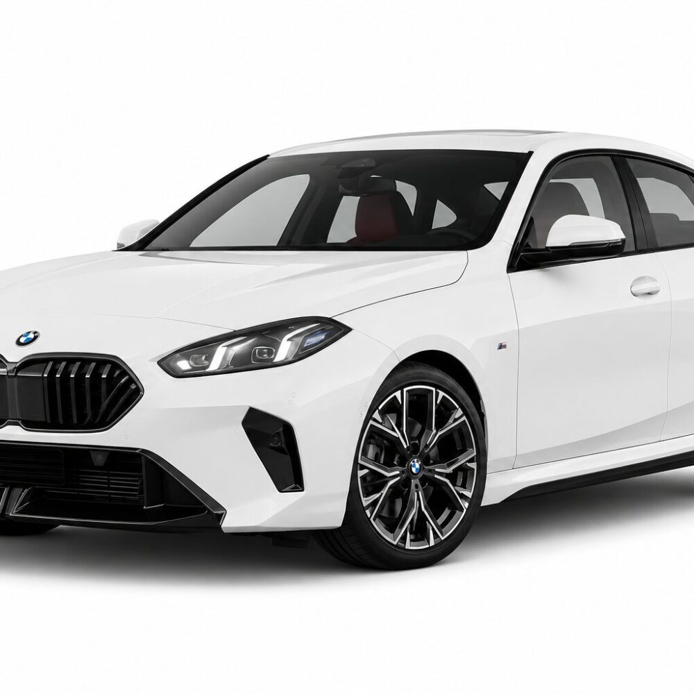 White BMW sedan seen from a front-right angle, showcasing a sporty grille, sharp headlights, and stylish alloy wheels.