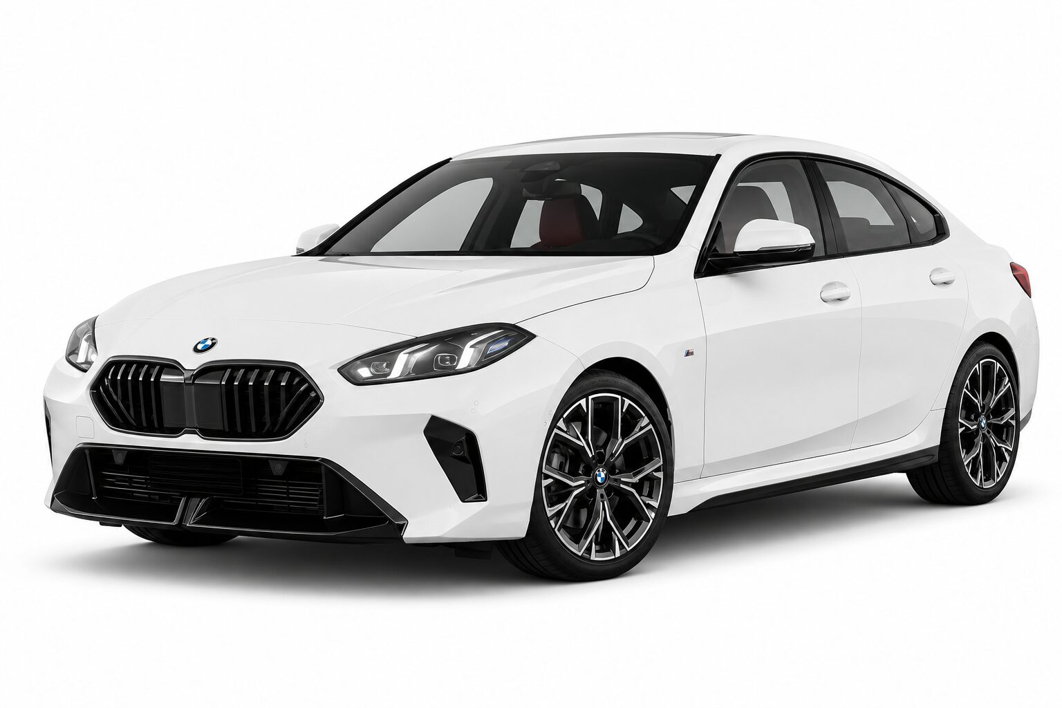 White BMW sedan seen from a front-right angle, showcasing a sporty grille, sharp headlights, and stylish alloy wheels.
