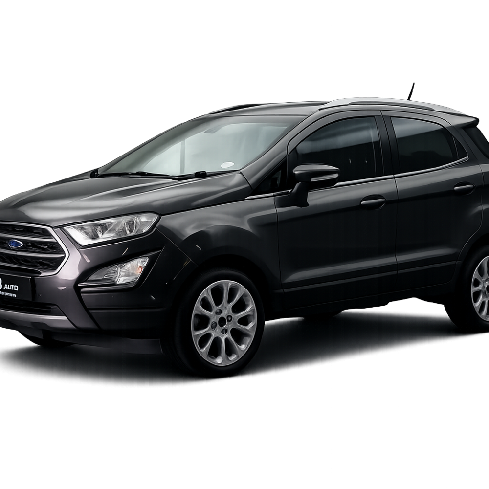 Three-quarter front view of a dark gray Ford SUV in a studio backdrop with a chrome grille and alloy wheels.