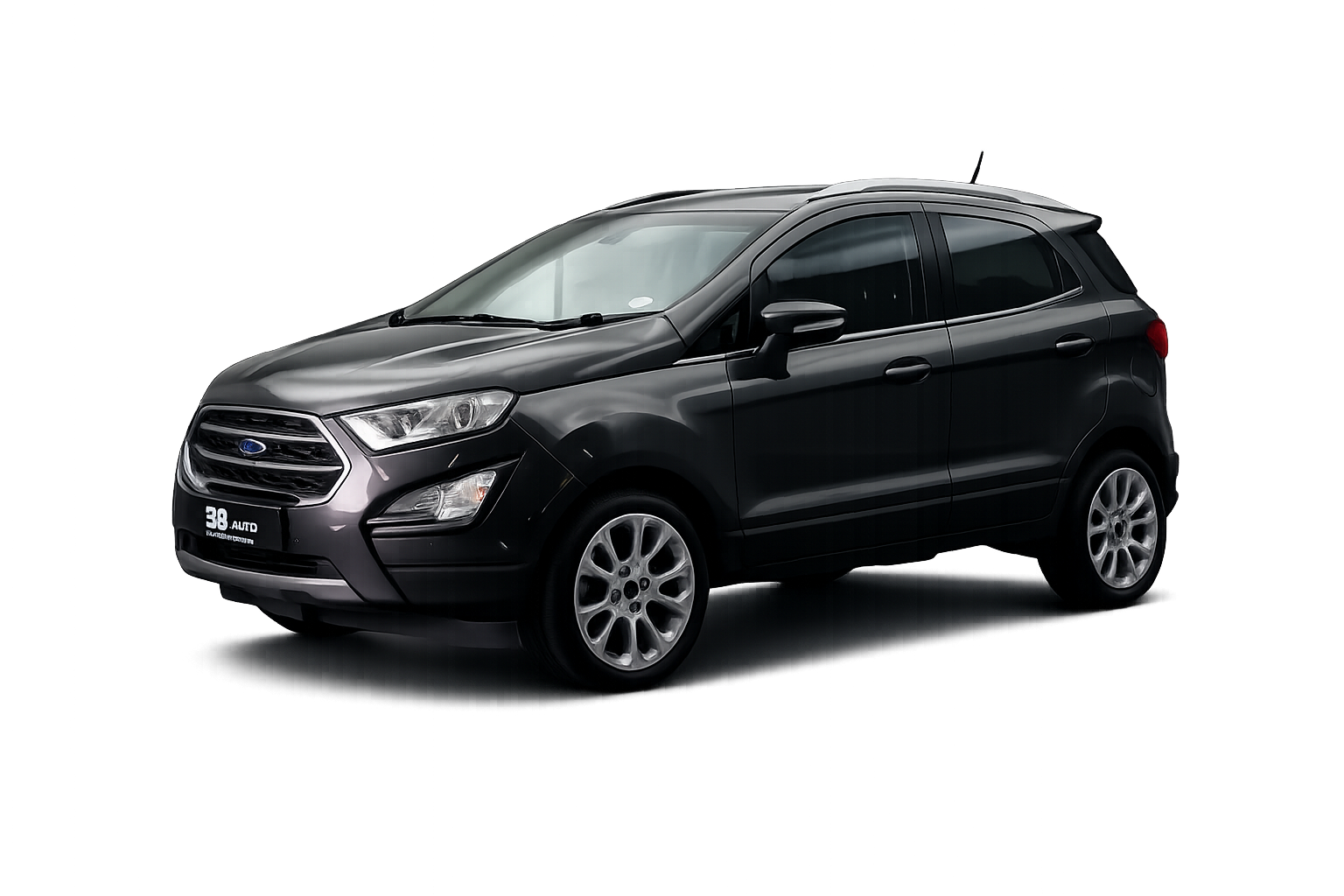 Three-quarter front view of a dark gray Ford SUV in a studio backdrop with a chrome grille and alloy wheels.