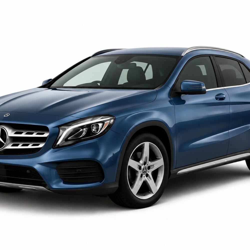 Blue Mercedes-Benz SUV photographed from a front-right angle on a white background.