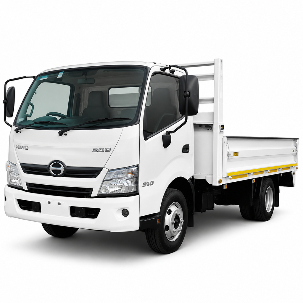 White Hino 200 flatbed truck shown from front-left angle, with an open cargo bed at the rear.