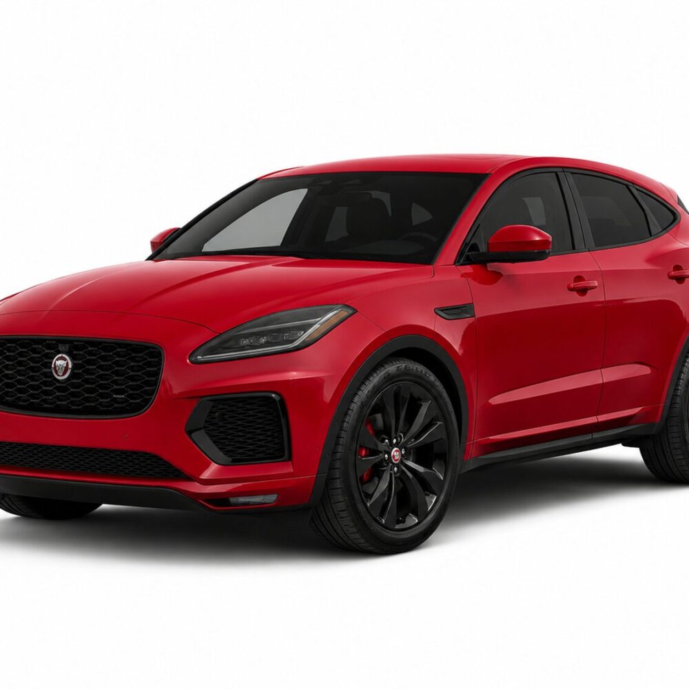 Red Jaguar F-Pace SUV seen from a front-right three-quarter view against a white background.