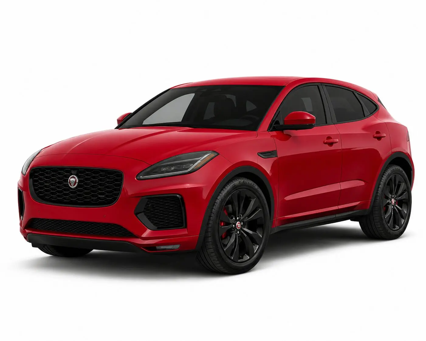 Red Jaguar F-Pace SUV seen from a front-right three-quarter view against a white background.