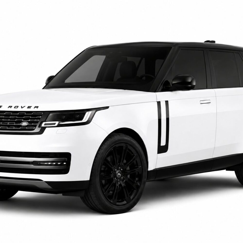 White Range Rover SUV with black roof and black wheels, shown from a front-left angle.