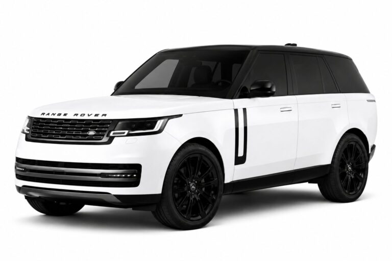 White Range Rover SUV with black roof and black wheels, shown from a front-left angle.
