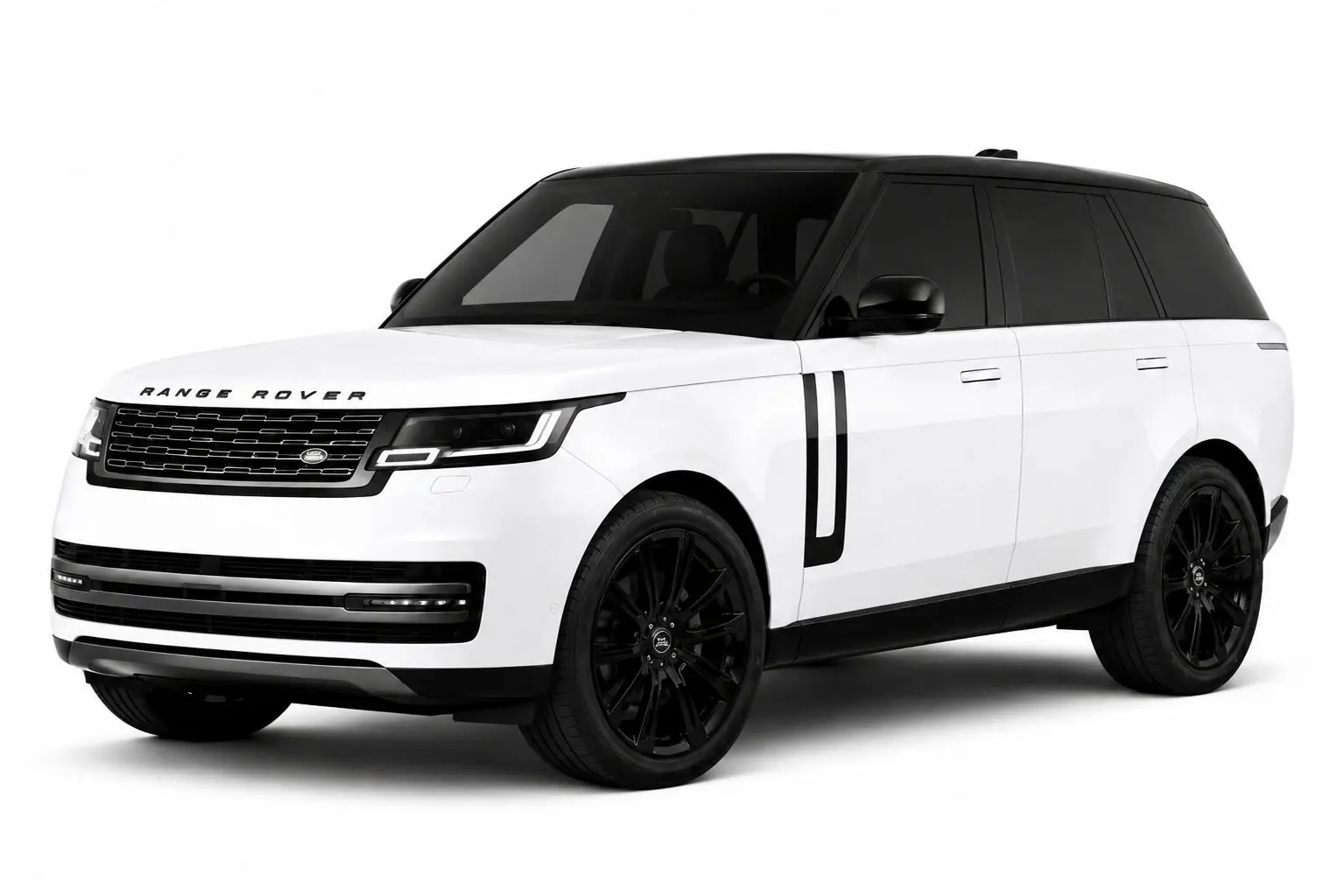 White Range Rover SUV with black roof and black wheels, shown from a front-left angle.
