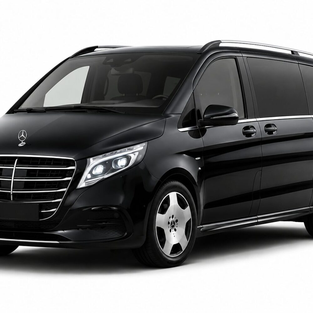 Black Mercedes-Benz luxury passenger van with chrome grille, tinted windows, and silver wheels (three-quarter front view).