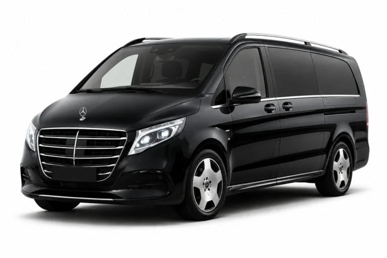 Black Mercedes-Benz luxury passenger van with chrome grille, tinted windows, and silver wheels (three-quarter front view).