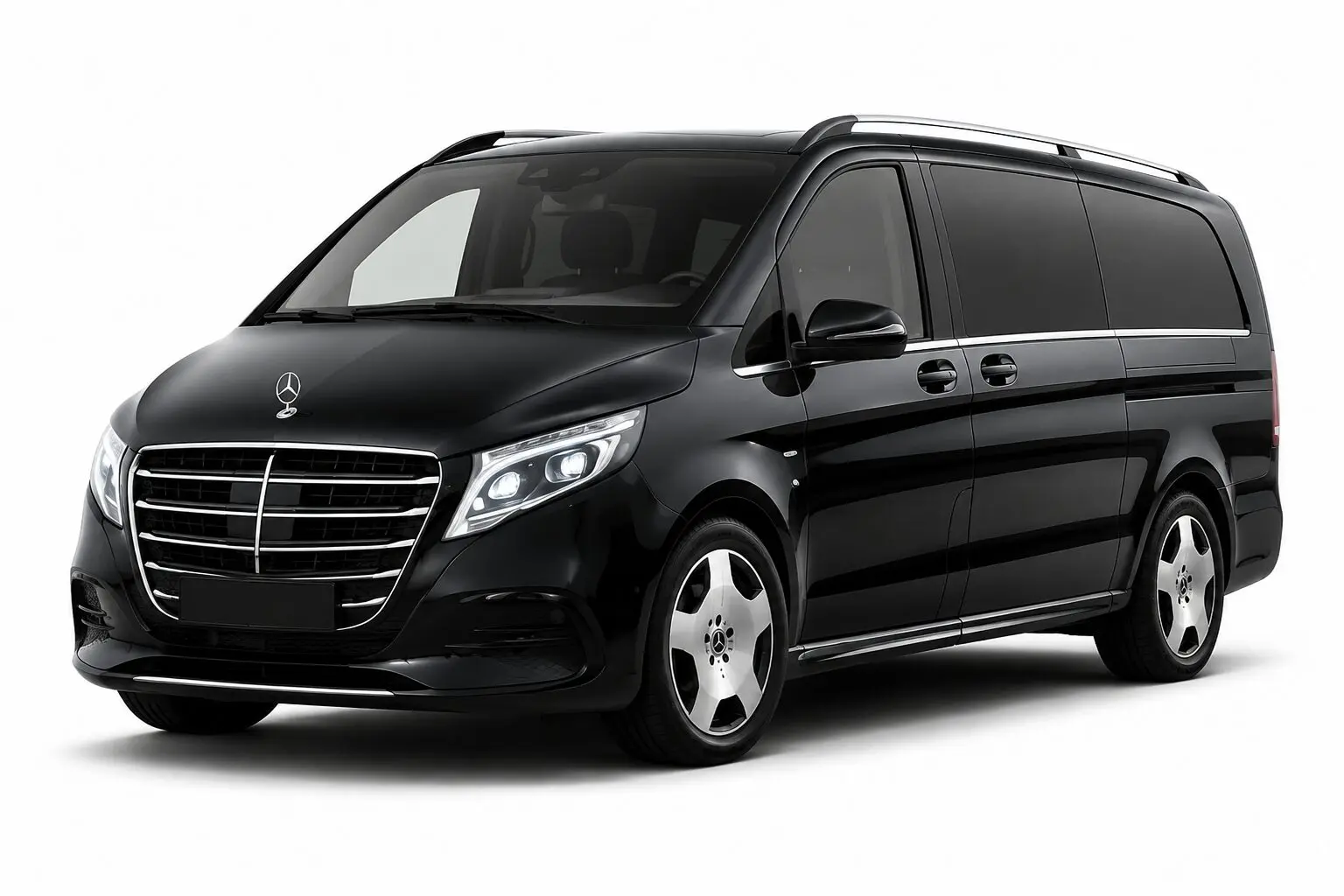 Black Mercedes-Benz luxury passenger van with chrome grille, tinted windows, and silver wheels (three-quarter front view).