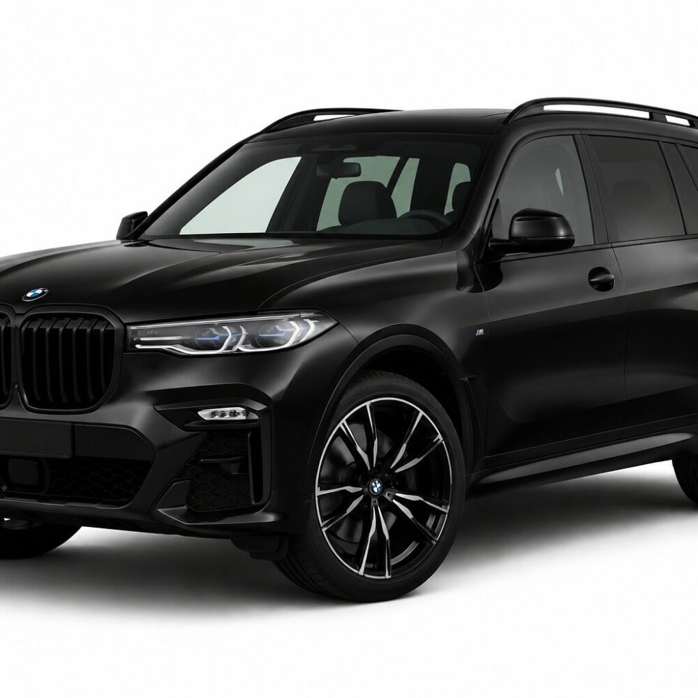 Black BMW SUV in three-quarter front view, showcasing its large kidney grille and sporty alloy wheels against a white background.