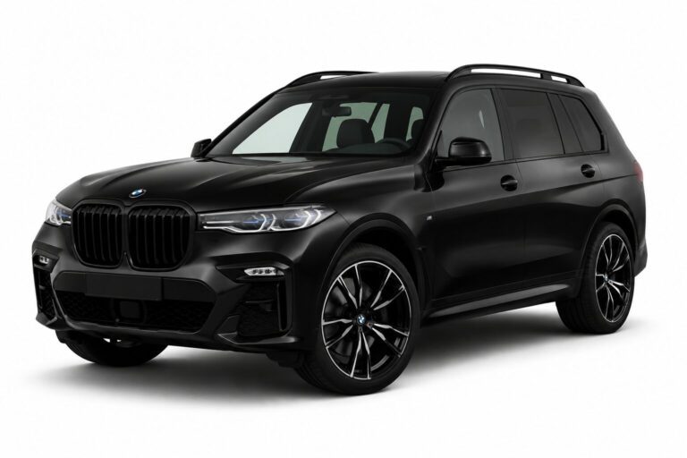 Black BMW SUV in three-quarter front view, showcasing its large kidney grille and sporty alloy wheels against a white background.