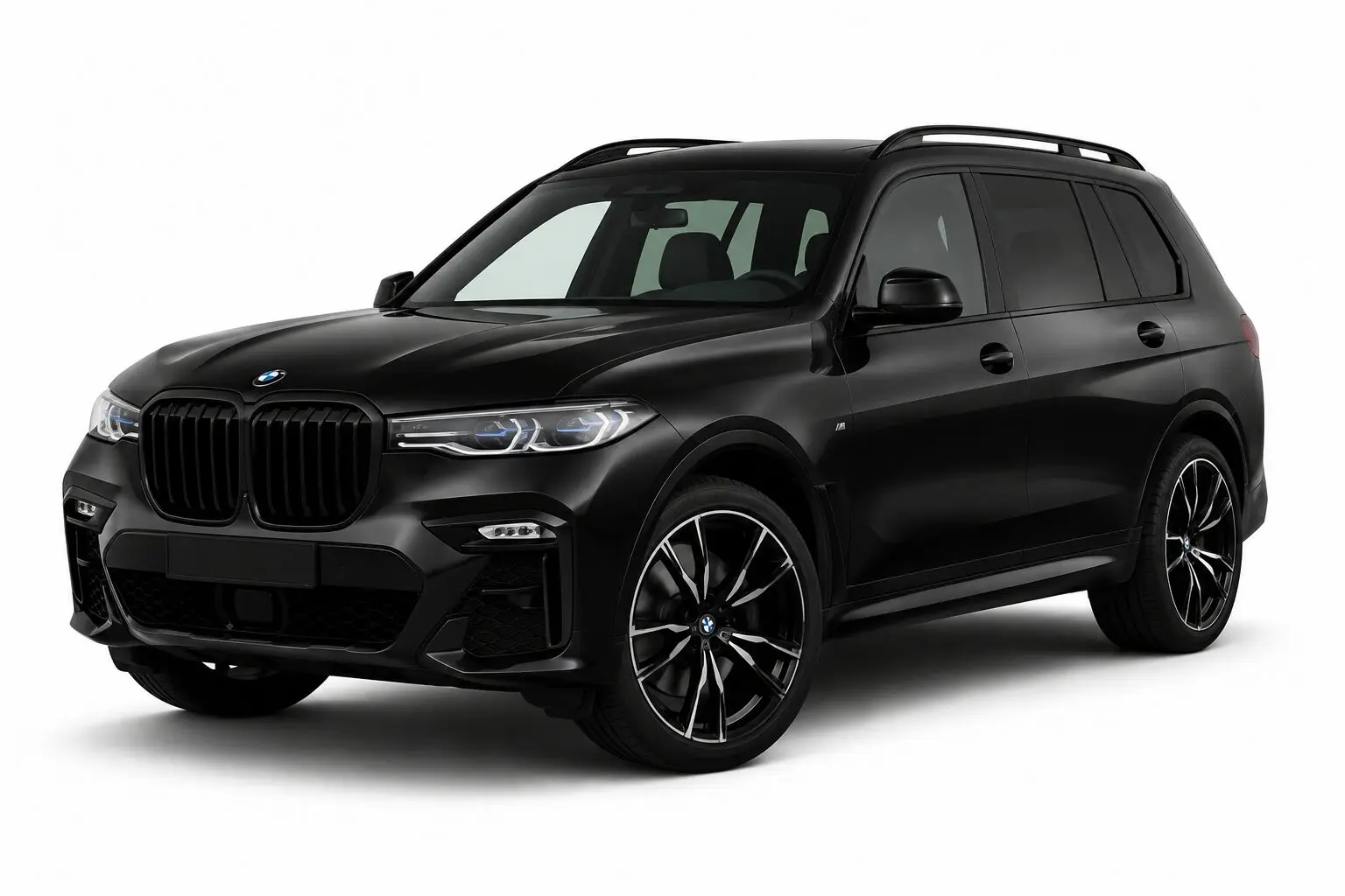 Black BMW SUV in three-quarter front view, showcasing its large kidney grille and sporty alloy wheels against a white background.