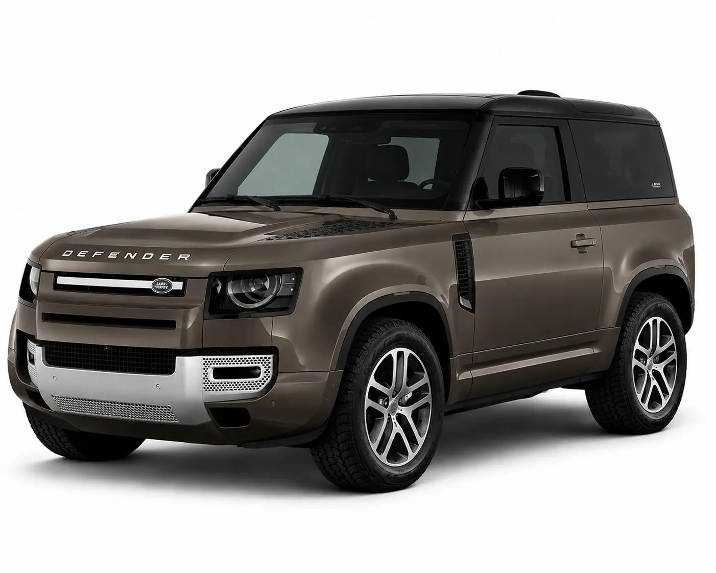Bronze-brown Land Rover Defender SUV seen from front-left, with bold grille and black roof, large alloy wheels visible