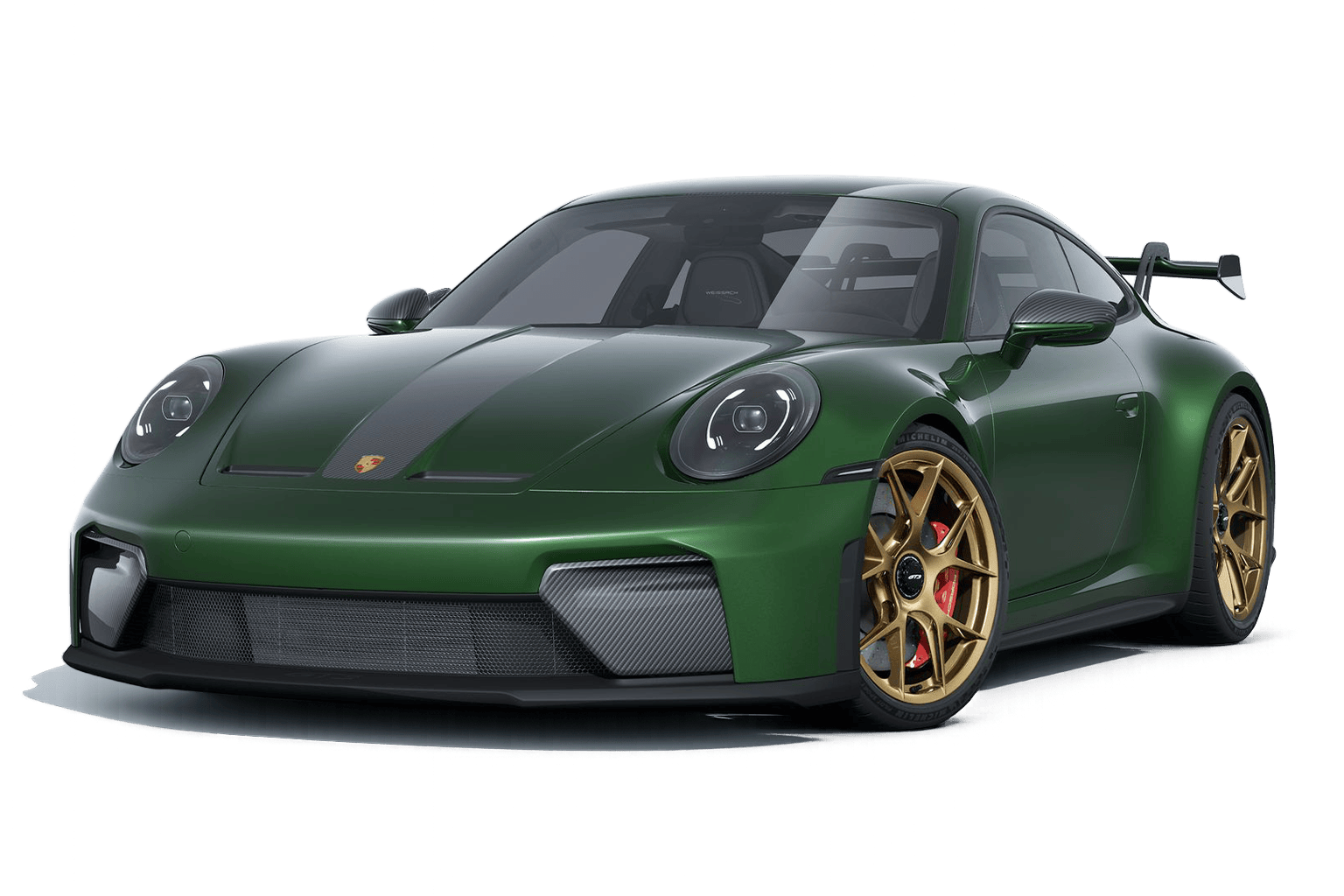 911 GT3 Header - NBV - NBV Green Porsche sports car with gold wheels and carbon-fiber front splitter, viewed from the front-right