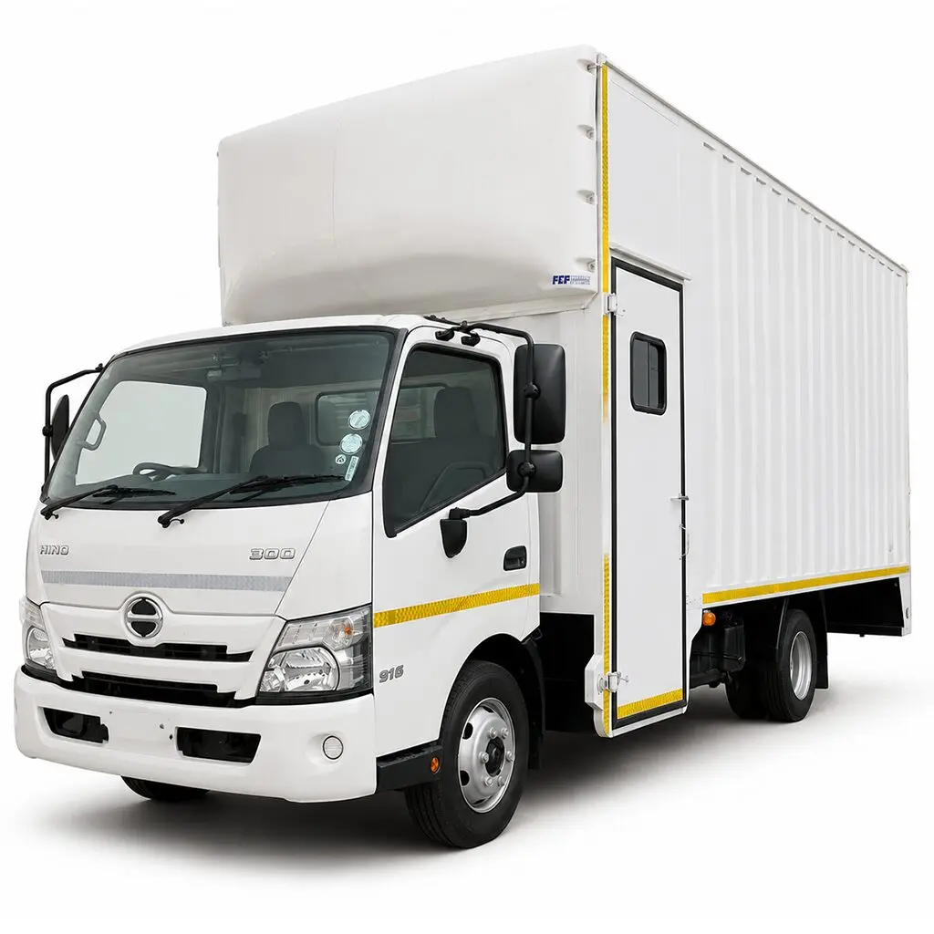 White box truck with cargo box and cab, facing left in a studio setting