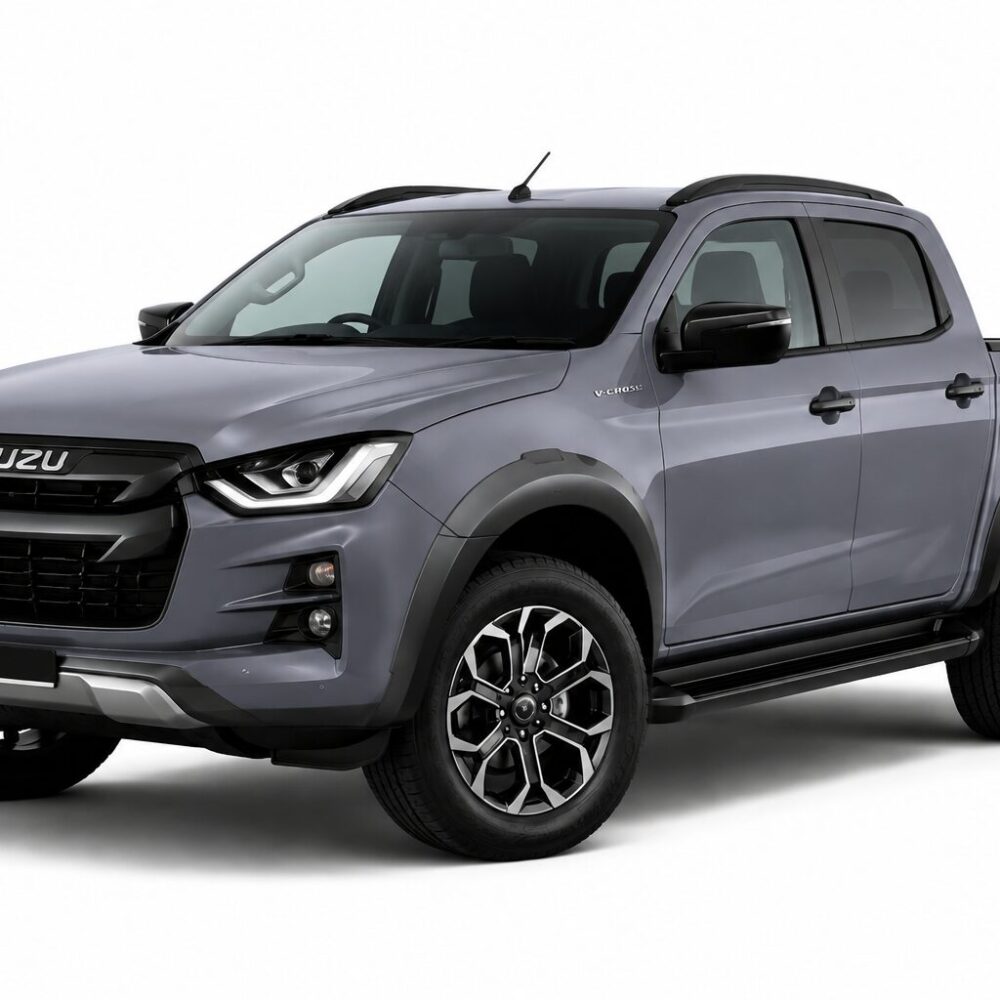 Front three-quarter view of a gray Isuzu pickup truck with a black grille and alloy wheels.