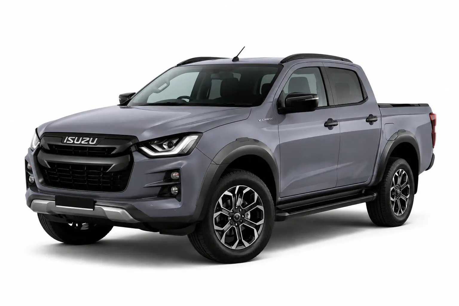 Front three-quarter view of a gray Isuzu pickup truck with a black grille and alloy wheels.