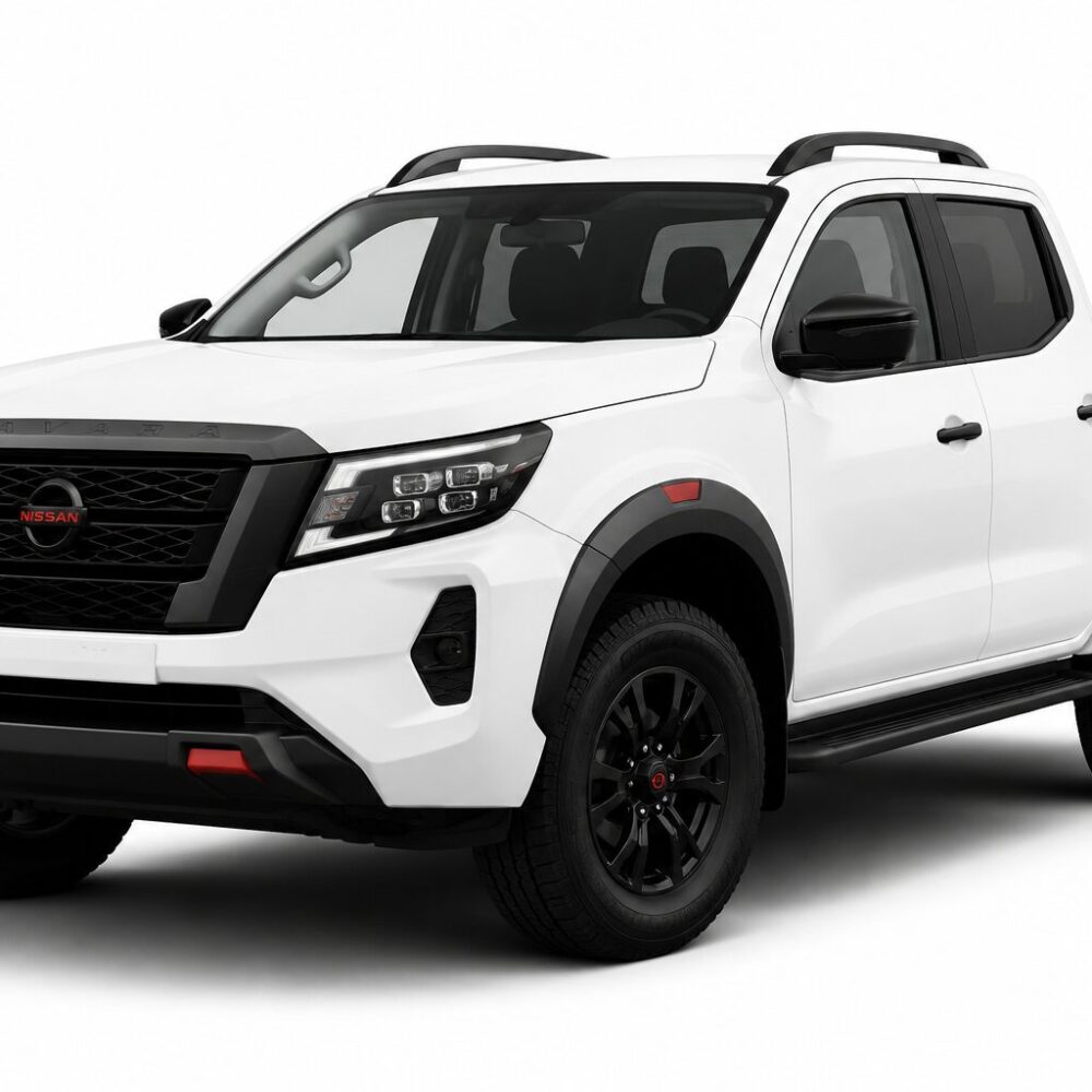 Three-quarter front view of a white Nissan pickup with a black grille, roof rails, and rugged black wheels (Pro-4X).