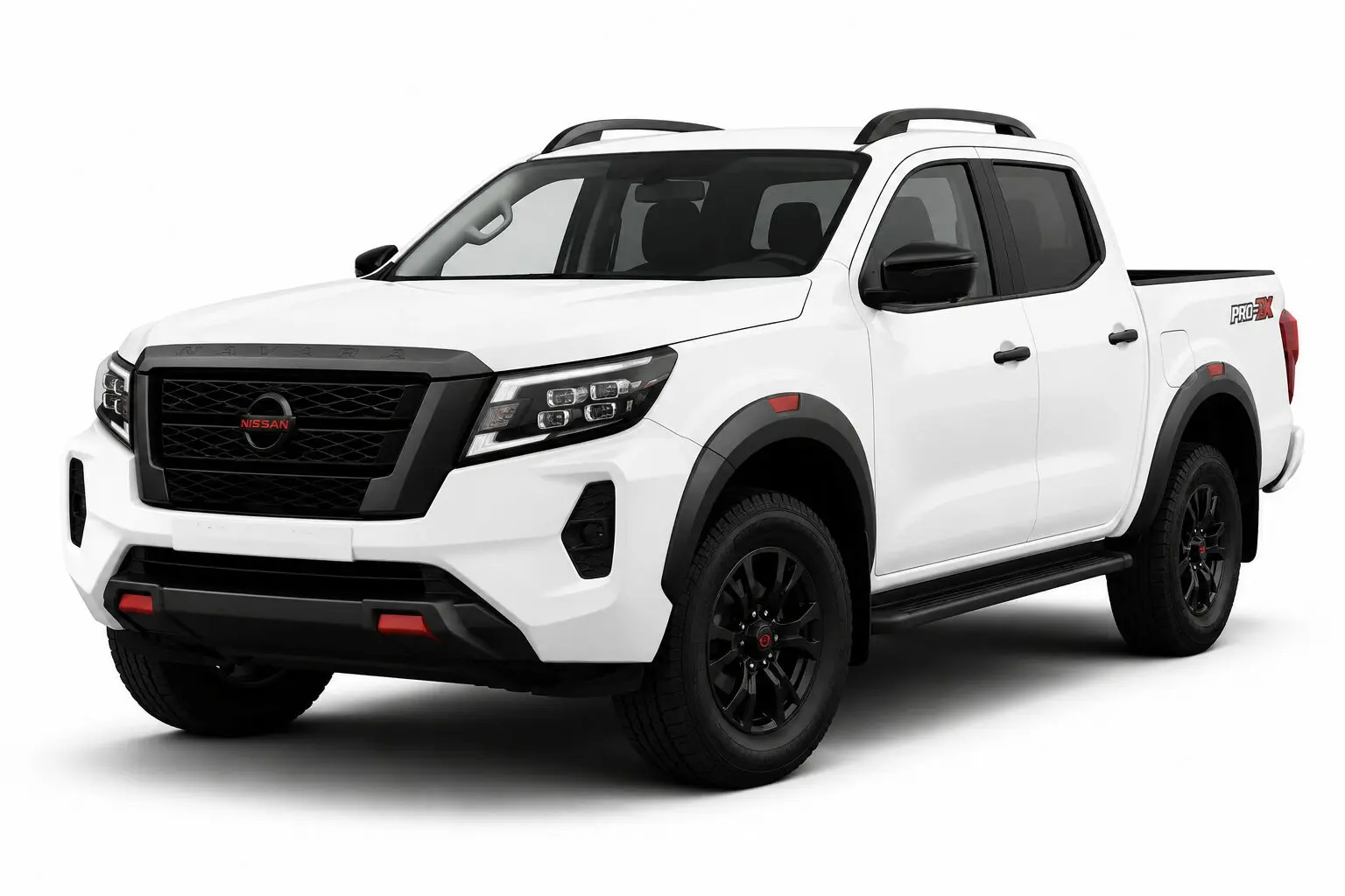 Three-quarter front view of a white Nissan pickup with a black grille, roof rails, and rugged black wheels (Pro-4X).