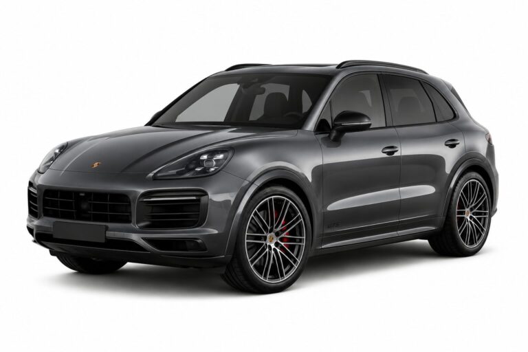 Gray Porsche SUV (Cayenne) in a three-quarter front view with a large black grille and sleek headlights, set on a white background.