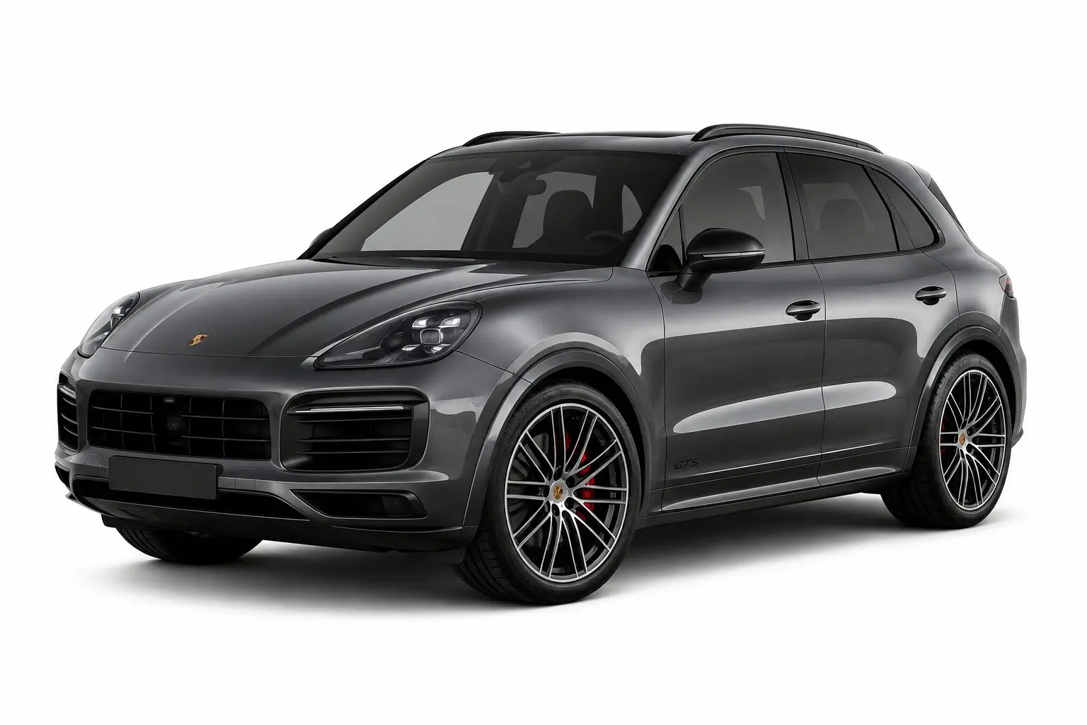 Gray Porsche SUV (Cayenne) in a three-quarter front view with a large black grille and sleek headlights, set on a white background.