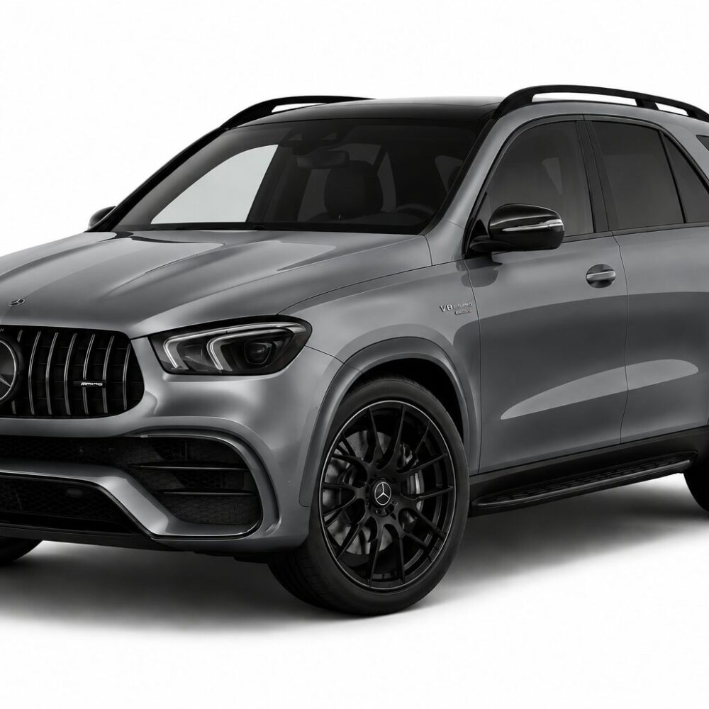 Front three-quarter view of a gray Mercedes-Benz SUV with a black grille, tinted windows, and large black alloy wheels on a white background.
