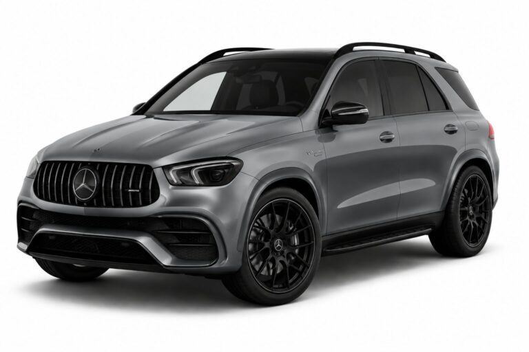 Front three-quarter view of a gray Mercedes-Benz SUV with a black grille, tinted windows, and large black alloy wheels on a white background.