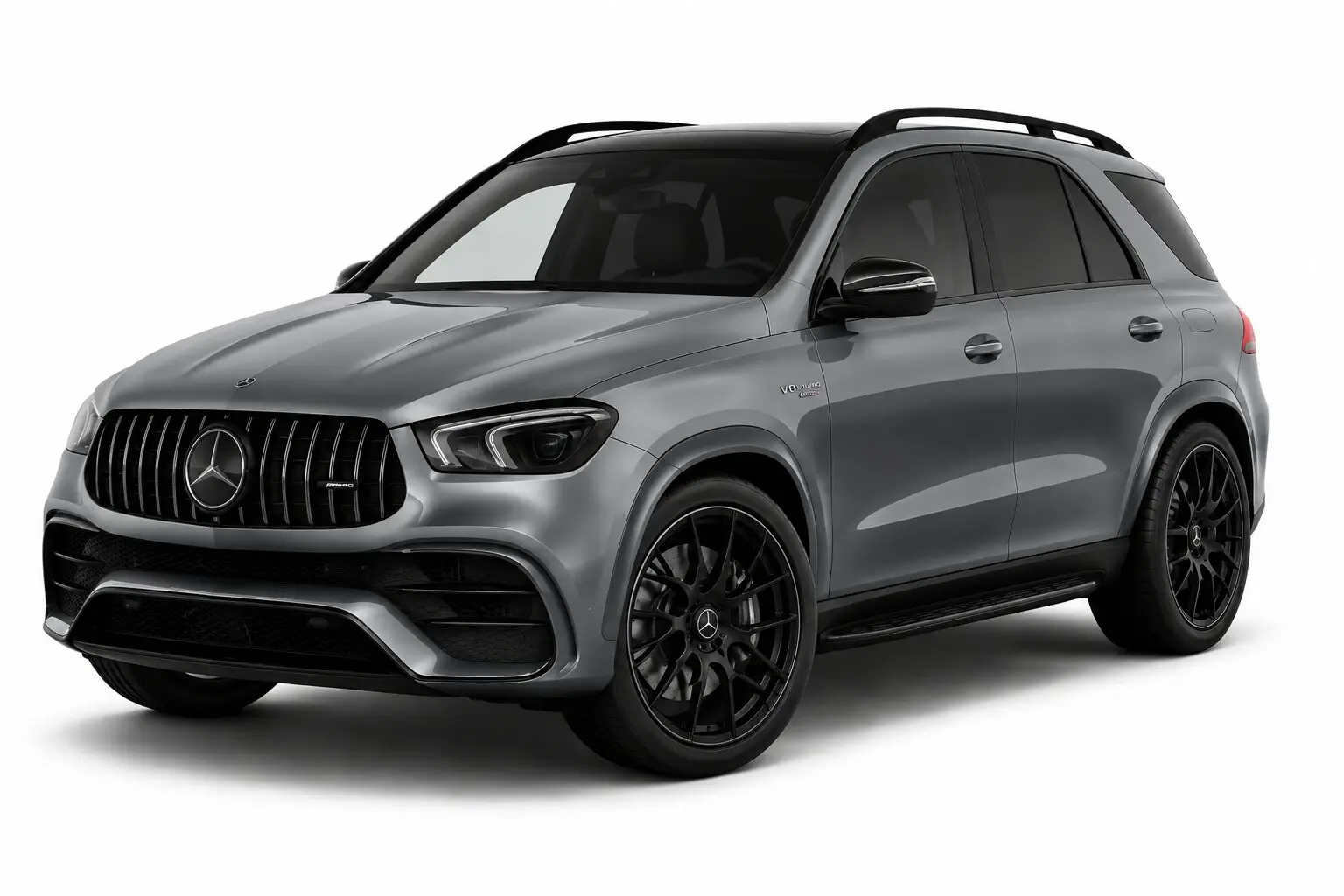 Front three-quarter view of a gray Mercedes-Benz SUV with a black grille, tinted windows, and large black alloy wheels on a white background.