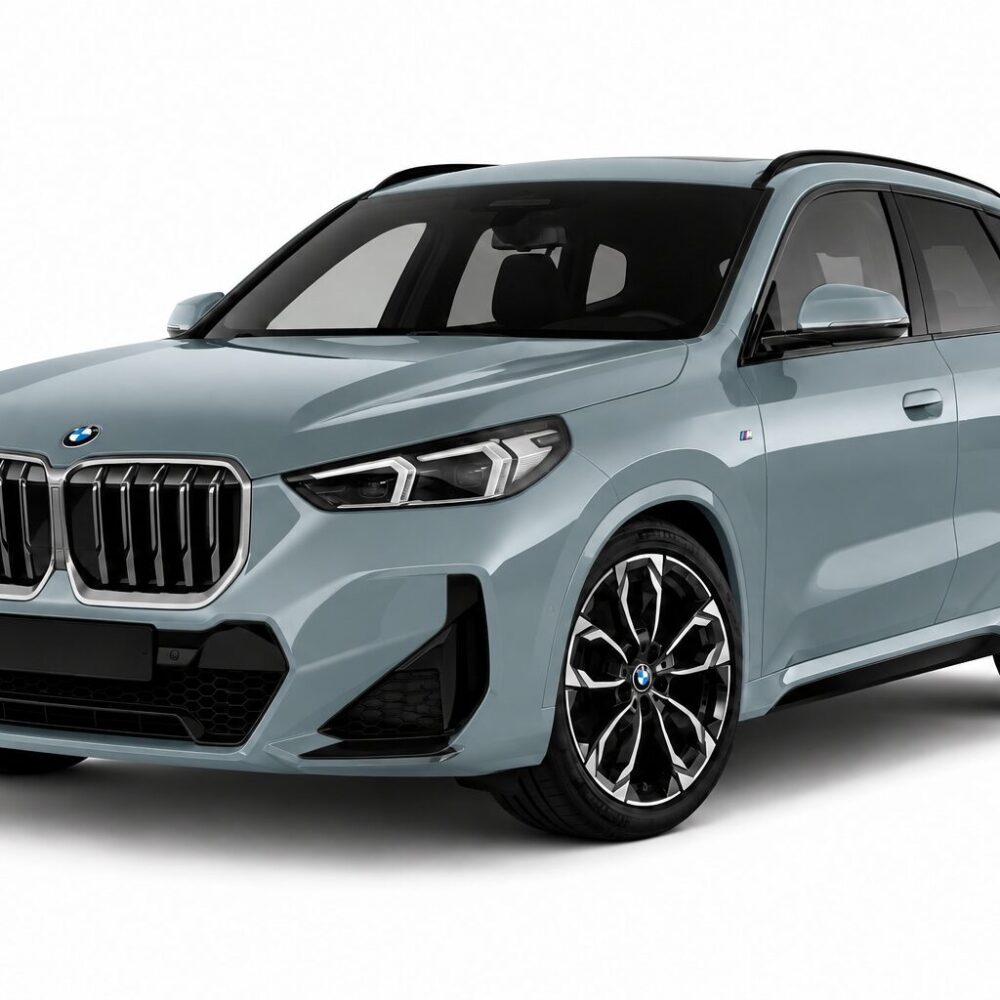 Blue-gray BMW SUV shown from a front-three-quarter angle with large alloy wheels and distinctive kidney grille, against a light background.