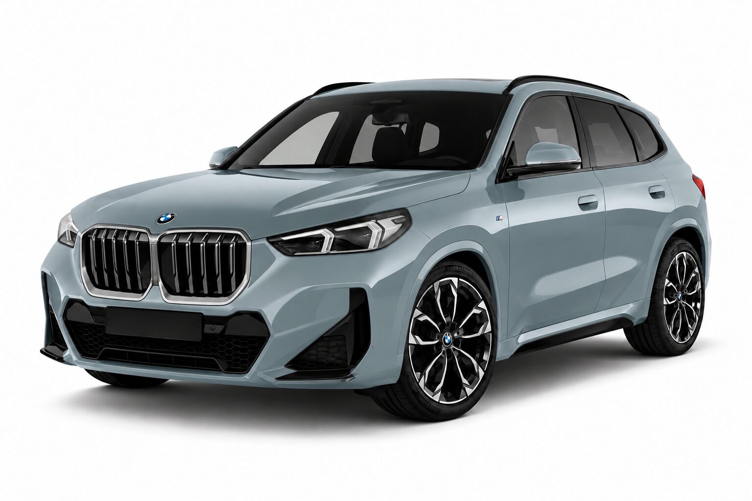 Blue-gray BMW SUV shown from a front-three-quarter angle with large alloy wheels and distinctive kidney grille, against a light background.