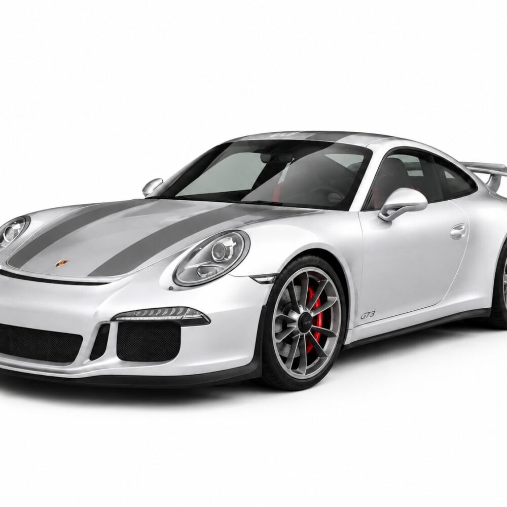 White Porsche 911 GT3 sports car with gray racing stripes, viewed from the front-left corner.