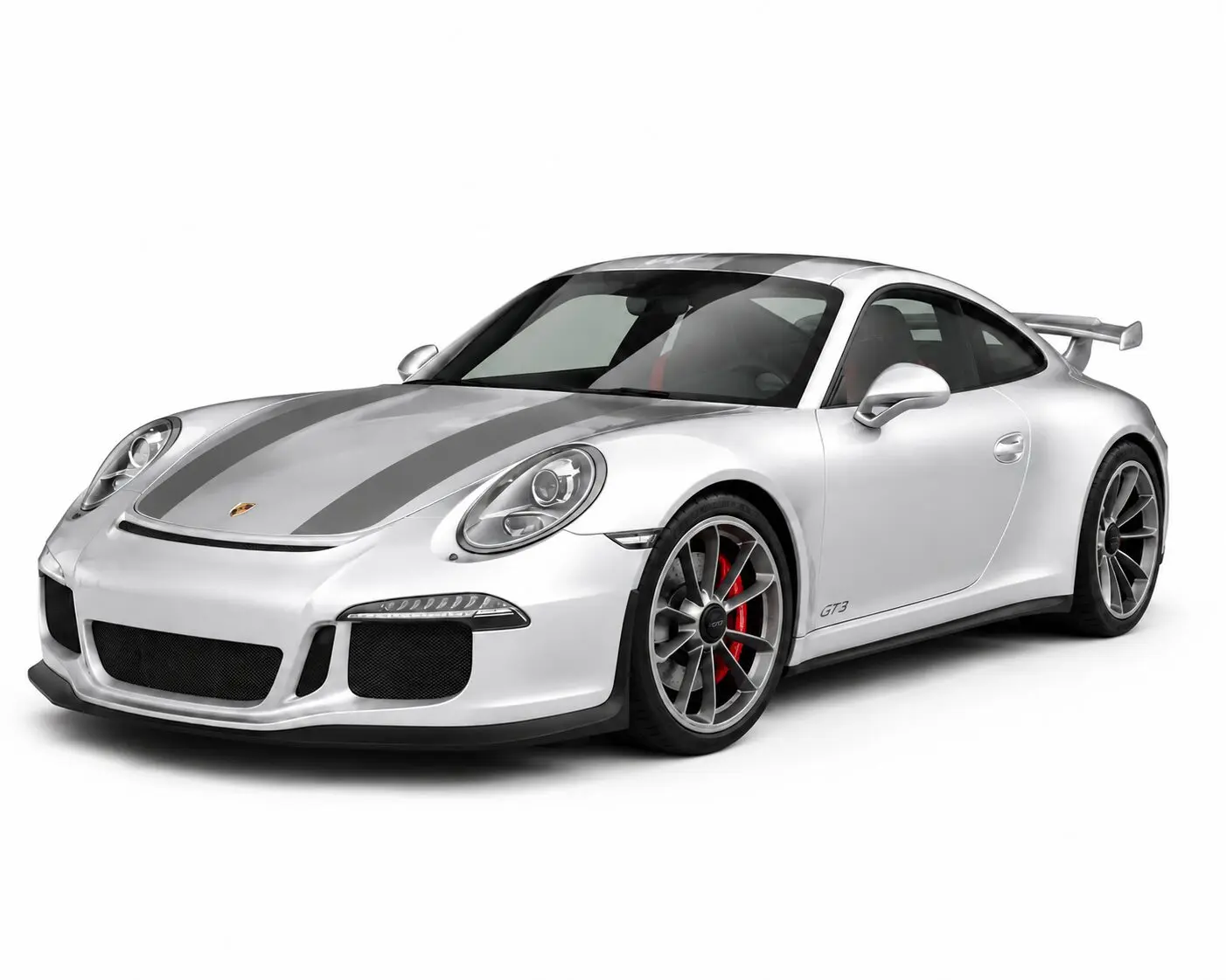 White Porsche 911 GT3 sports car with gray racing stripes, viewed from the front-left corner.