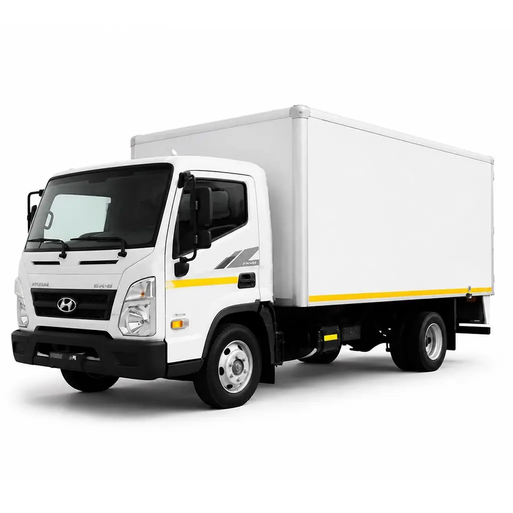 White delivery box truck facing left with a yellow stripe along the side