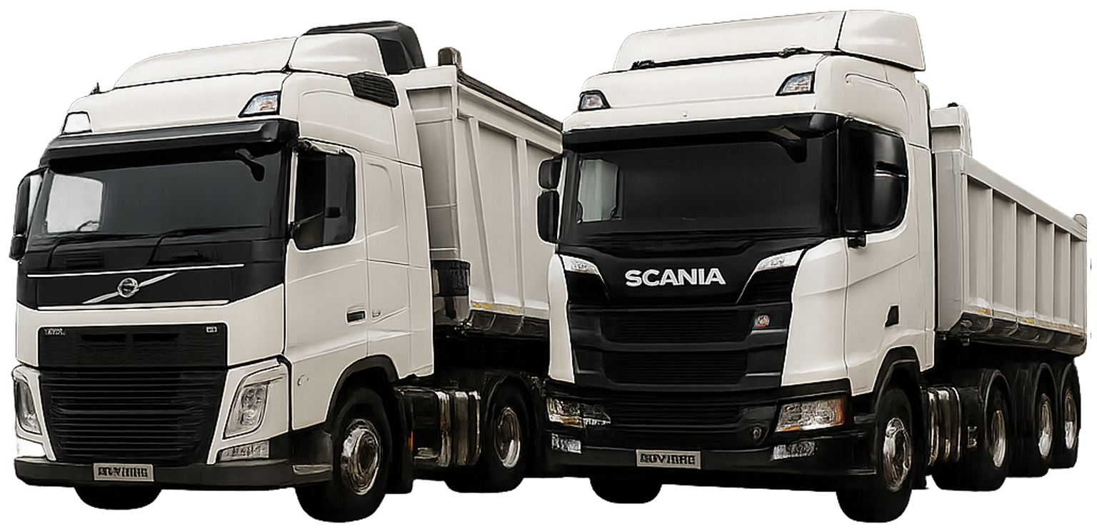 Trucks Big - NBV - NBV Two white Scania heavy-duty trucks with black grilles parked side by side, seen from the front.