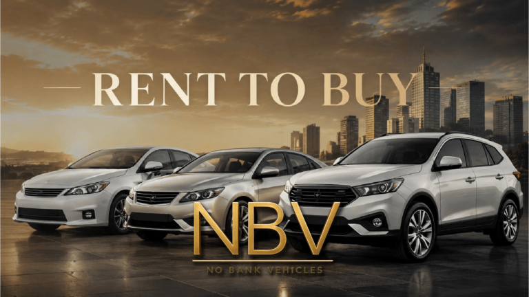 Banner advertising a Rent-To-Buy car program featuring white SUVs against a city skyline, with the text 'RENT TO BUY' and 'NBV'