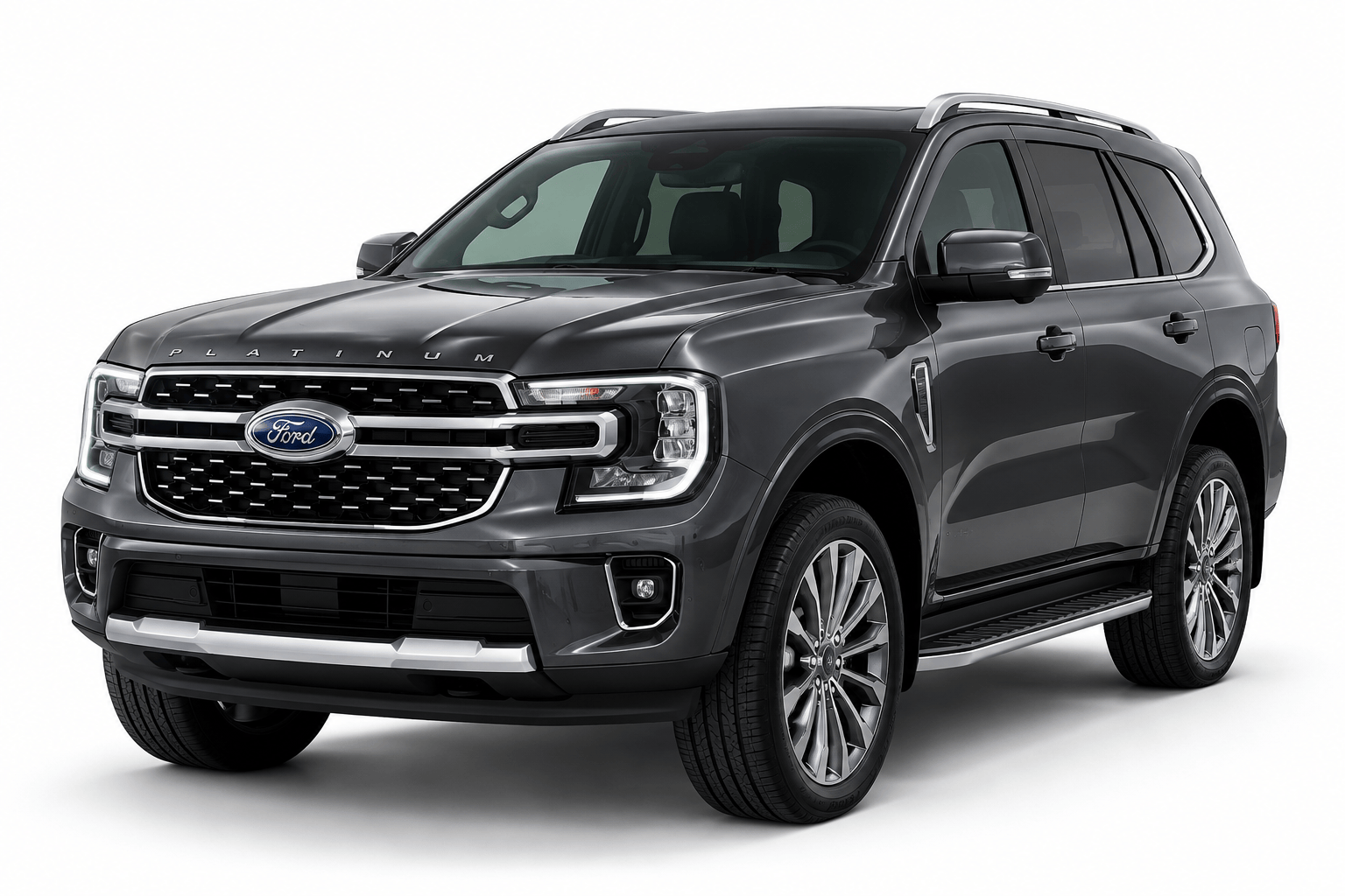 Dark gray Ford Platinum SUV, shown from a front three-quarter angle with chrome grille, large alloy wheels, and roof rails.