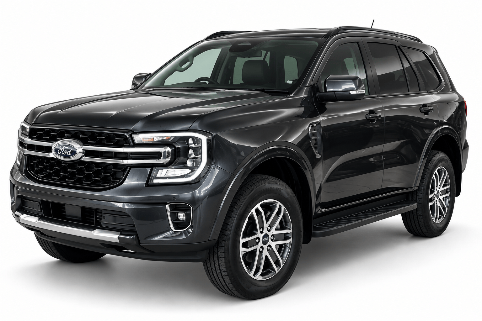 Front three-quarter view of a dark gray Ford SUV pickup with a chrome grille and large alloy wheels, shown against a white background.